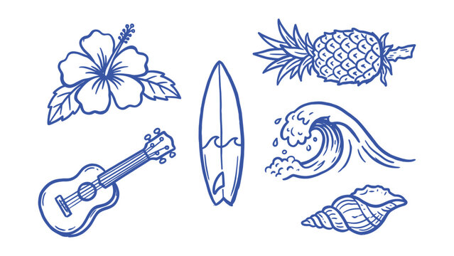 Tropical summer icons set with hibiscus flower pineapple surfboard ukulele ocean wave and seashell in blue line art sketch style