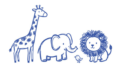 Hand drawn blue ink doodle of safari animals including giraffe elephant and lion for children education and nursery decoration © Zyariss