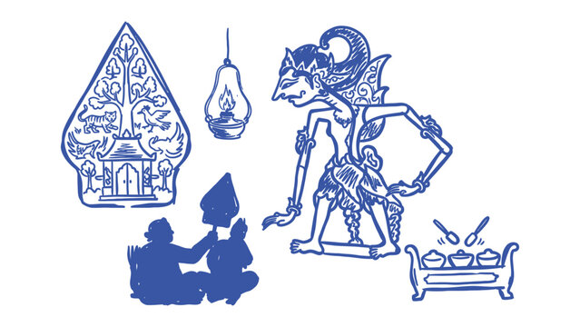 Javanese wayang kulit shadow puppet illustration set with gunungan and dalang silhouette for Indonesian cultural heritage and performing arts