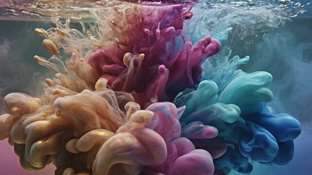 Abstract Colorful Ink Clouds Exploding Underwater in Slow Motion.