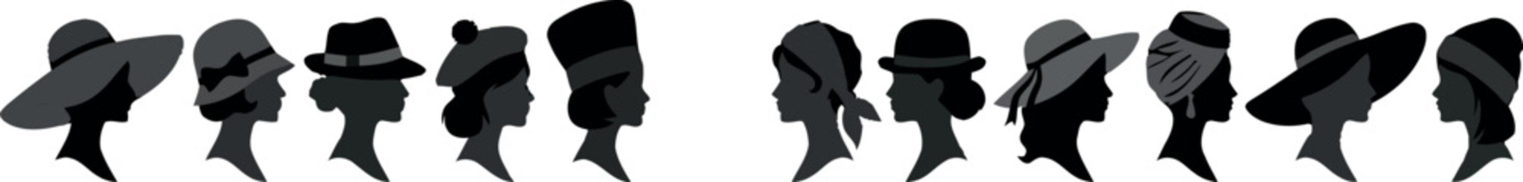 Black silhouettes of women wearing different hats