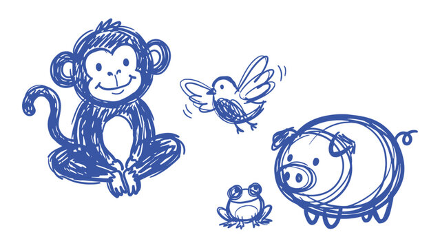 Hand drawn blue ink sketches of monkey bird pig and frog in scribble doodle style for children illustration