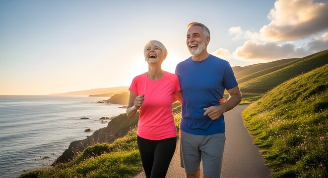 al aire libre senior fitness mujer hombre estilo de vida activo deporte ejercicio saludable ajuste pareja corriendo trotar ancianos maduros divirti&eacute;ndose riendo hablando juntos simplista dise&ntilde;o plano