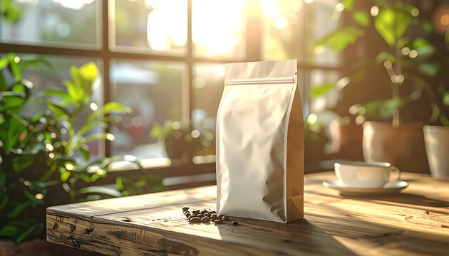 Blank silver foil stand-up pouch with ziplock for coffee beans, packaging mockup on wooden table, warm sun light from window with green plants, product presentation and branding space
