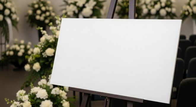 Blank space on easel with flowers at ceremony for announcements or memorial presentations. Display space features elegant floral arrangements with white roses and greenery surrounding.