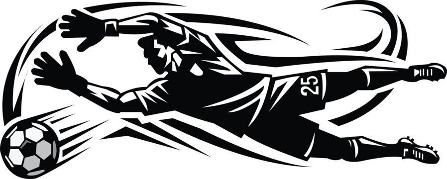 Modern sports logo featuring a goalkeeper making a diving save, curved motion accents and ball detail