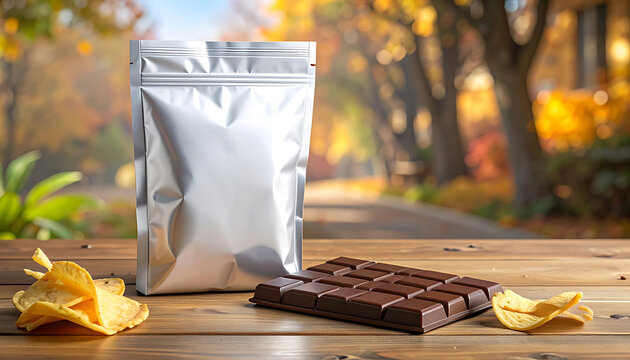 Blank silver stand-up pouch bag next to a chocolate bar and chips on a wooden table with an autumn park background, packaging mockup for food products