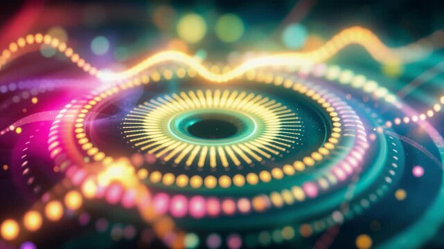 Pulsating audio waves and vibrant glowing lights creating a rhythmic and energetic visual display