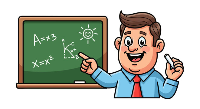 Cartoon Teacher Explaining Math on Chalkboard Vector Illustration