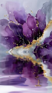 Abstract purple paint texture with gold foil details. Fluid art composition with flowing liquid ink waves. Creative background for design and artistic decoration.