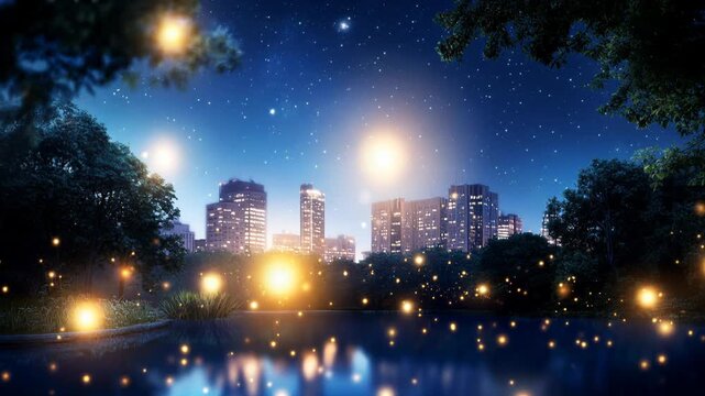 Enchanting summer night scene with glowing fireflies above a lake reflecting the city skyline