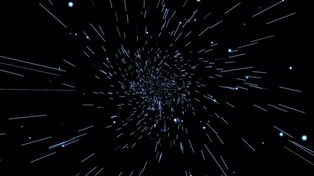 Hyperspace cinematic jump effect, anime shockwave with spark slash explosion, blue energy particles glowing softly into light, warp speed starfield transition FX on black screen. 4K