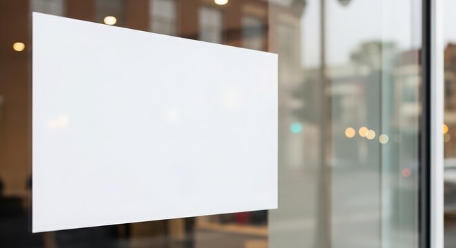 Mockup for street banner with empty frame on glass window showing urban setting. Blank street banner promotes business or event with versatile design elements.