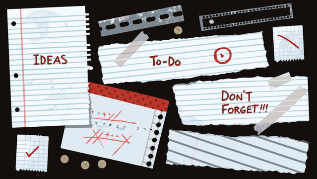 torn paper scraps with handwritten notes and doodles on a black background