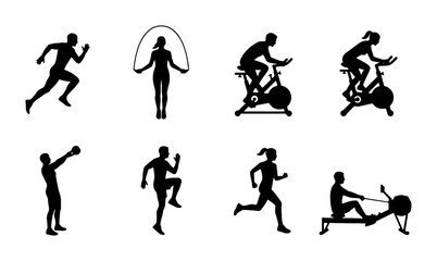 Fitness Silhouette Icons Set: Running, Jumping Rope, Cycling, Rowing, Weightlifting, Cardio Exercise, Workout Vector Graphics © MdArif