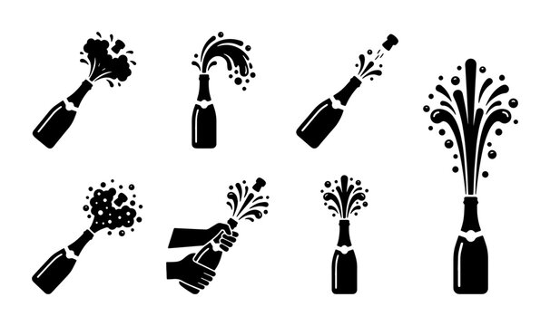Champagne Bottle Explosion Icons, Celebration Splashes, Festive Bubbles, Vector Set for Party and Event Design
