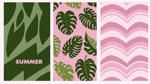 decorative summer posters featuring tropical leaves and pink chevron patterns on a pastel background