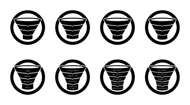 Eight Black and White Funnel Icons, Data Filtering and Process Flow Symbols, Vector Graphics for Analysis and Sorting