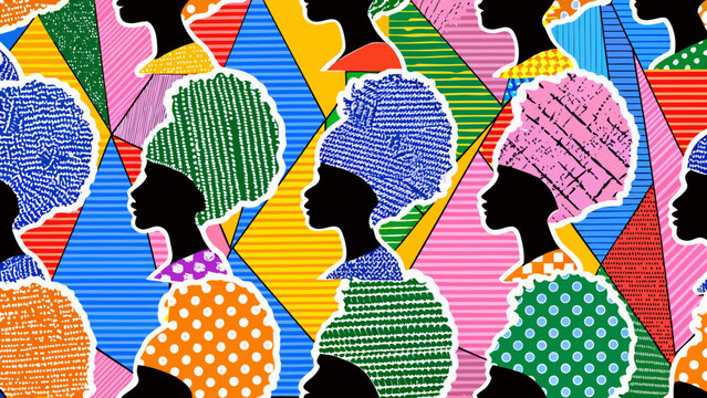 colorful pattern of women s silhouettes with diverse hairstyles and vibrant geometric backgrounds