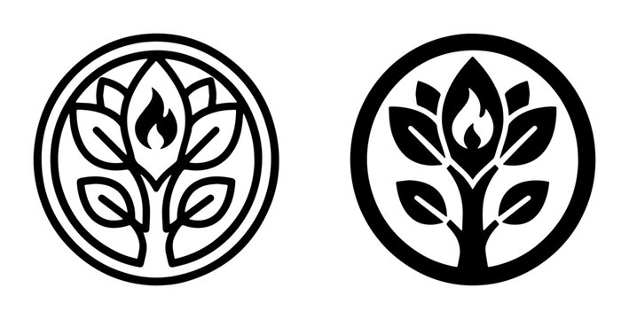 Nature Tree Logo Icons, Growth Symbol, Organic Leaf Emblem, Fire Flame Element, Circular Emblem Design