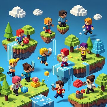 Pixel art characters on floating islands.