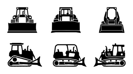 Bulldozer Icons Set, Construction Vehicle Silhouettes, Heavy Machinery Vector Graphics for Industry and Engineering © MdArif
