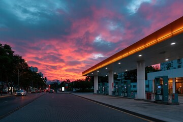 Obraz premium City gas station forecourt with glowing canopy and vivid magenta sunset for urban background banner and evening landscape wallpaper