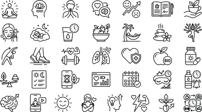 Fitness & Nutrition Minimal Line Icons &ndash; Healthy Body & Balanced Diet