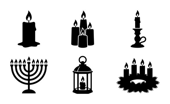 Candle Icons Set: Festive Illuminations, Religious Symbols, and Decorative Lights. Vector Graphics for Celebration and Ambiance.