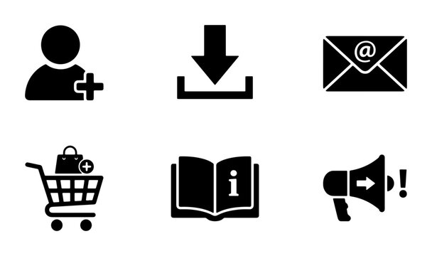 User Account, Download, Email, Shopping Cart, Information, Megaphone Icons. Set of 6 simple black vector symbols for web and app design.