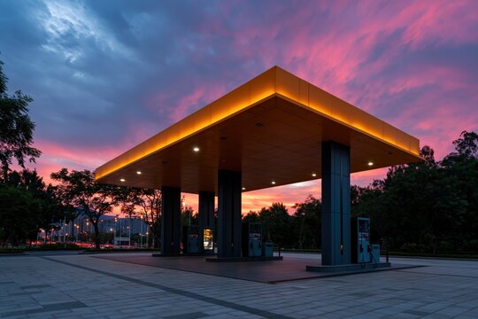 Modern gas station canopy at a dramatic pink sunset for urban background banner and cityscape wallpaper design