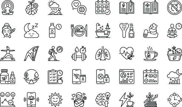 Positive Habits Line Icons &ndash; Daily Routines & Self-Improvement