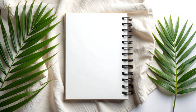 Blank spiral notebook with green palm leaves on a textured cloth background, flat lay, ideal for notes or design mockups