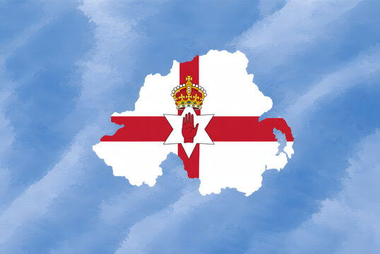 Northern Ireland map with Ulster Banner flag on watercolor background