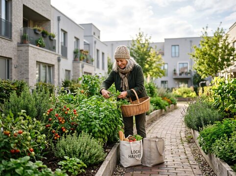 Senior woman harvesting fresh basil in an urban community edible garden pathway during autumn soft sunlight