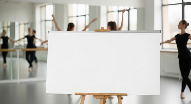 Blank canvas on easel in dance studio with ballet dancers practicing behind. Dance studio includes mirrors and a spacious area for rehearsals, making it ideal for showcasing art or events.