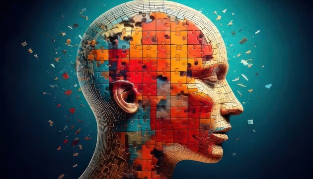 Abstract human head with colorful mosaic pattern and disintegration effect.