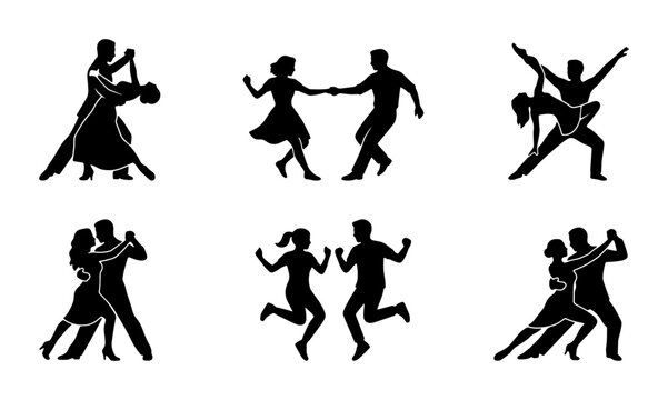 Diverse Couple Dance Silhouettes, Ballroom & Swing Poses, Vector Set for Performance & Celebration