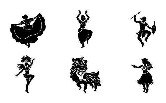 Diverse Cultural Dance Silhouettes: African, Asian Lion Dance, Polynesian Hula, Flamenco, Tribal Performers, 6 Vector Icons