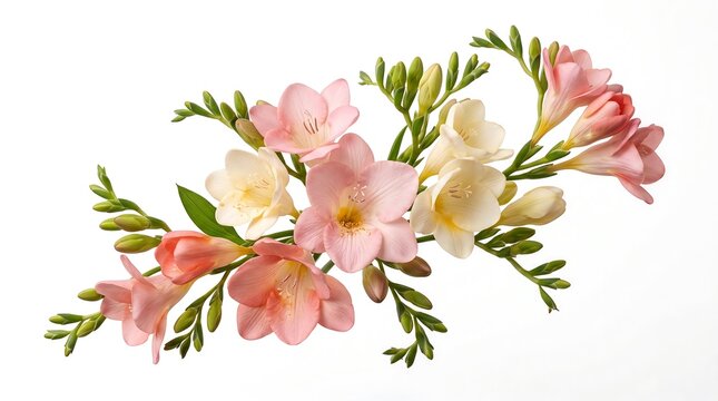 Elegant composition of delicate pink and white freesia flowers with green buds, creating a beautiful and vibrant floral display, perfect for spring