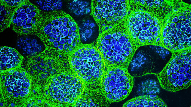 Fluorescent microscopy of biological cells shows green walls and blue nuclei