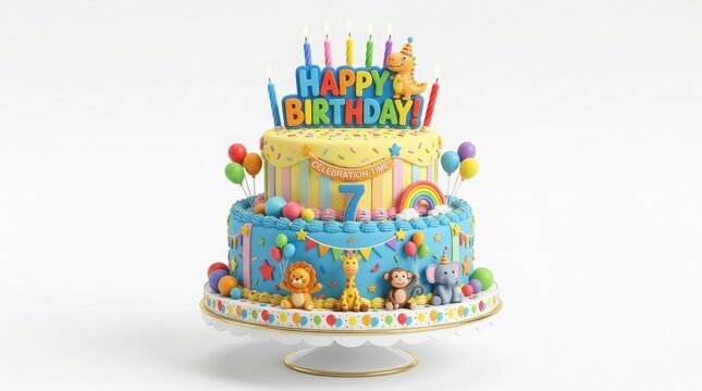 Colorful two-tier birthday cake with jungle animals, festive 7th birthday party dessert with candles, vibrant safari theme celebration cake isolated on White Background