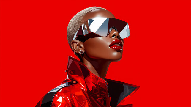 Futuristic fashion portrait featuring dark skin model with buzz cut and geometric sunglasses