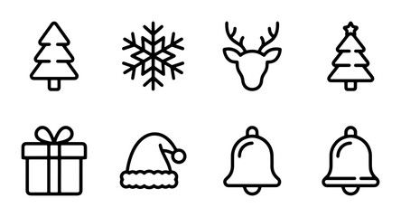 Christmas Icons Set, Festive Vector Graphics, Winter Holiday Symbols, Celebration Elements, Black and White Outline Design © Shanjida