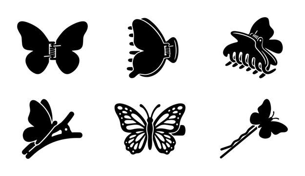 Butterfly Hair Clips and Pins, Elegant Insect Accessories, Fashionable Hair Styling Tools, Vector Set