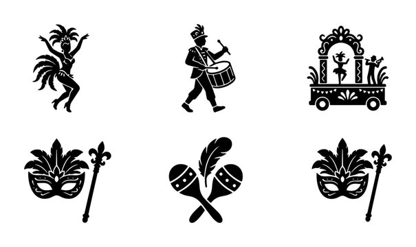 Mardi Gras Carnival Icons, Festive Parade Elements, Celebration Masquerade Symbols, Vector Set