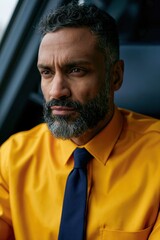 Fototapeta premium Thoughtful businessman portrait in yellow shirt and navy tie for corporate profile and professional banner background