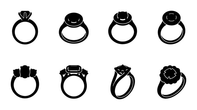 Elegant Diamond Ring Icons, Engagement & Wedding Jewelry Vector Set, Precious Gemstone Symbols for Luxury Design