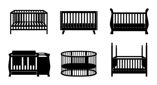 Collection of six black crib icons, baby bed silhouettes for nursery design, infant furniture vector set