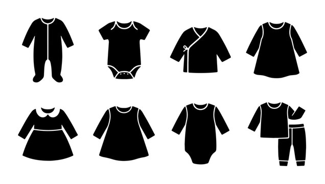 Baby Clothes Icons Set, Newborn Apparel Silhouettes, Infant Bodysuits, Dresses, Pajamas, Vector Collection for Kids Fashion